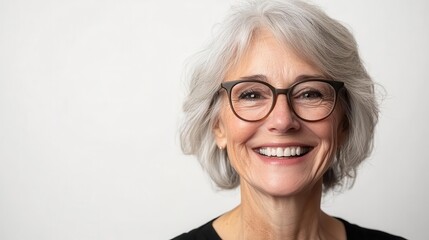 Fototapeta premium warm, candid portrait of a charismatic elderly woman with laugh lines and silver hair, smiling broadly while wearing modern eyeglasses against a clean white backdrop