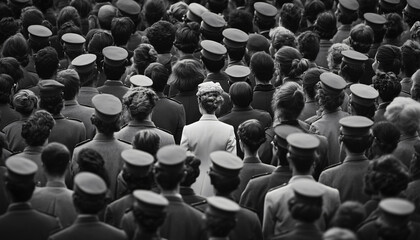 Obraz premium Photograph an individual dressed distinctly among a large crowd wearing uniform or similar attire, creating a contrast between them and the crowd