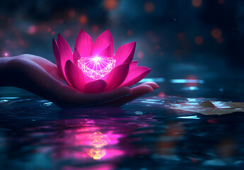 glowing pink lotus flower floating on water design