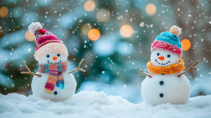 Fototapeta premium Two cute snowmen in colorful hats and scarves standing on the white snowy ground, with a blurred blue background of a winter forest