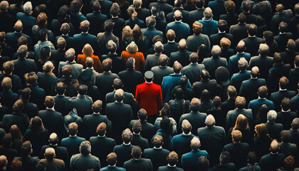 Photograph an individual dressed distinctly among a large crowd wearing uniform or similar attire, creating a contrast between them and the crowd