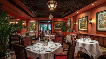 Fototapeta premium An elegant Indian restaurant beautifully decorated with a blend of modern decor and traditional artwork, inviting guests to enjoy a unique experience.