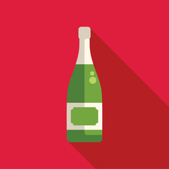 Green champagne bottle with blank label celebrating on red background with long shadow