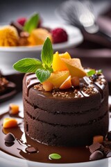Decadent chocolate cake topped with juicy berries, drizzled with rich chocolate sauce. For creating recipes on culinary websites, blogs, promoting food products on social media platforms.