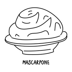 Doodle illustration of a dairy product with mascarpone cheese in a bowl. An airy dairy product for sweets. A simple drawing for the design of a culinary website and applications, logo, application