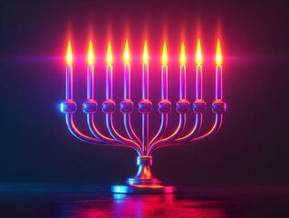 Flat Glossy Menorah with Neon Lights on Dark Background - Perfect for Modern Hanukkah Promotions and Banners