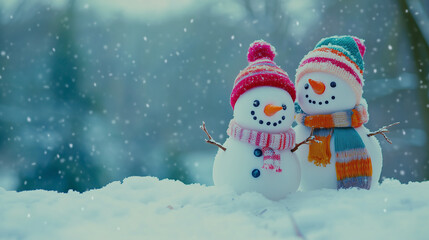 Fototapeta premium Two cute snowmen in colorful hats and scarves standing on the white snowy ground, with a blurred blue background of a winter forest