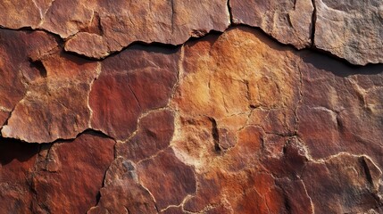 weathered canyon wall texture, deep crimson and russet hues, intricate cracks forming abstract patterns. sunlight casts dramatic shadows, emphasizing rugged terrain.