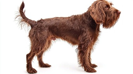 A Wirehaired Pointing Griffon stands proudly, its shaggy coat glistening while its expressive eyes gleam with curiosity, creating a captivating presence against a blank white background.