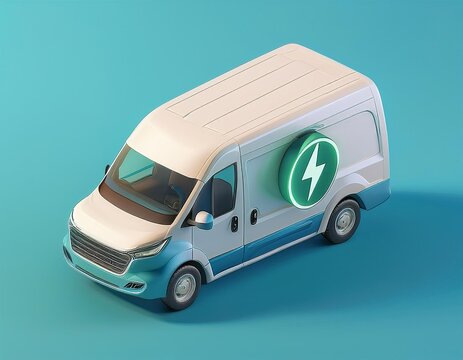 3D white and blue electric van with a lightning bolt logo, 3D isometric
