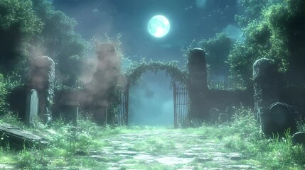 Mist creeps through an overgrown graveyard with ancient tombstones and twisted trees. The rusty iron gate sways in the wind, as the faint moonlight barely illuminates the eerie scene. - Powered by Adobe