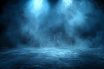 Dark Empty Street with Neon Lights and Spotlights: Smoky Asphalt Floor and Dark Blue Background