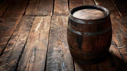 weathered oak barrel on rustic wooden floor, soft ambient light casting subtle shadows, emphasizing rich texture and aged patina of wood grain