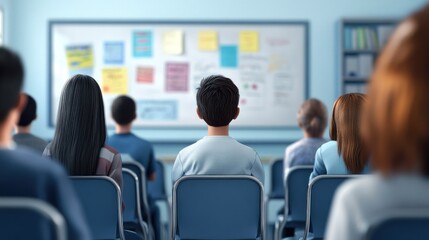 Fototapeta premium Students attentively listening in a classroom setting with notes on the board.