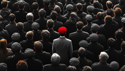 Obraz premium Photograph an individual dressed distinctly among a large crowd wearing uniform or similar attire, creating a contrast between them and the crowd