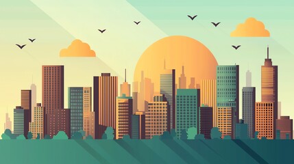 Stylized city skyline with sunset, birds, and modern buildings, vibrant colors, serene atmosphere.