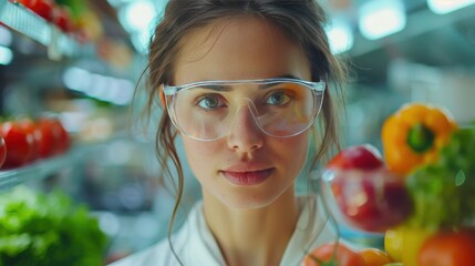 Young woman wearing safety goggles in produce aisle