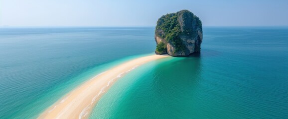 Fototapeta premium Breathtaking Tropical Island with Unique Rock Formation and Pristine Beach at Sunrise