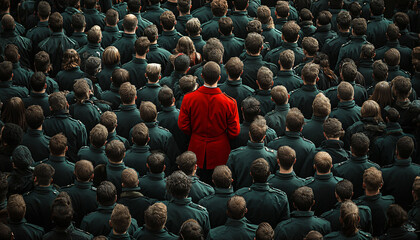 Obraz premium Photograph an individual dressed distinctly among a large crowd wearing uniform or similar attire, creating a contrast between them and the crowd