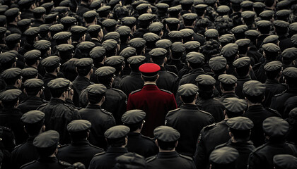 Obraz premium Photograph an individual dressed distinctly among a large crowd wearing uniform or similar attire, creating a contrast between them and the crowd