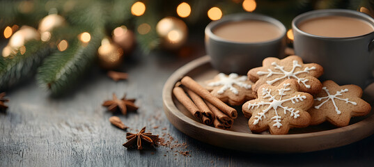 A cozy arrangement of Christmas cookies, cocoa, and cinnamon sticks for the holiday. Generative AI.