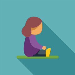 Cartoon girl sitting cross legged on the floor on a green mat, side view, long shadow design