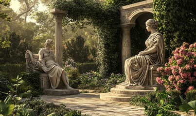 Fototapeta premium Two stone statues in a lush garden.