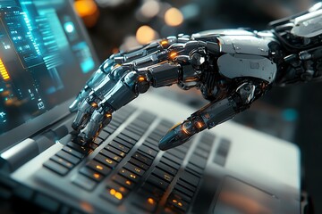 Fototapeta premium Cyborg hand pressing a keyboard on a laptop in dark blue background 3D rendering