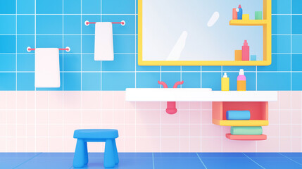 Modern Bathroom Sink with Colorful Bottles and a Step Stool for Kids