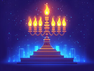 Flat Podium with Glowing Hanukkah Menorah - Festive Design with Ample Copy Space for Creative Branding and Seasonal Promotion