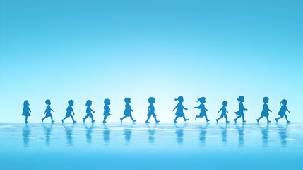 Naklejka premium 3D Light Blue Background with Silhouettes of Children Playing - Copy Space for Children's Rights and Equality Message on Human Rights Day