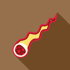 Simple vector illustration of a red hot fiery burning meteor flying through space with a long shadow