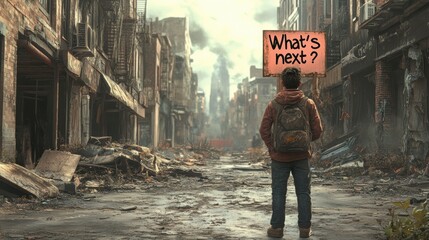 Man with sign "What's next?" standing in destroyed urban landscape, empty streets, crumbling buildings, post-apocalyptic city with eerie atmosphere, exploring unknown future