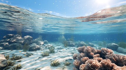 A serene shot depicting a coral bleaching event in the ocean.
