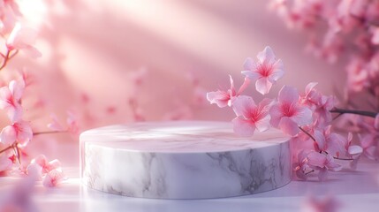 A serene display featuring a marble pedestal surrounded by delicate pink blossoms.