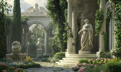 Statues, columns, and flowers in a lush garden.