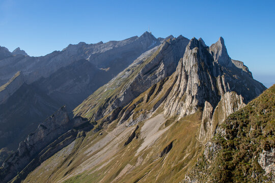 Schaefler mountain ridge, view to the Alpenalptuerme and Saentis in the swiss alps, Alpstein, Appenzell Innerrhoden Switzerland, Switzerland