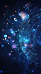 Fototapeta premium A mesmerizing abstract digital background featuring glowing circles and light particles in a deep blue tone.