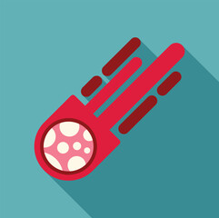 Pink asteroid with white craters leaving fire trail while flying through space with long shadow on turquoise background