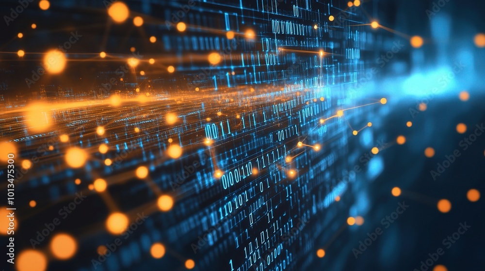 Poster digital data flow with binary numbers and lights
