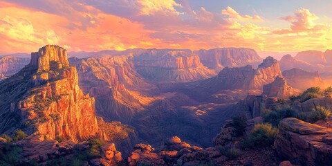 Fototapeta premium Scenic view of a canyon at sunset with colorful clouds in the sky.