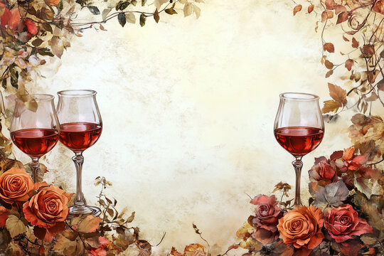 Scrapbooking paper with wine glasses and roses and decorative border, plenty of space for text, perfect background for crafts, invitations and romantic dinner themed projects-cozy and festive design