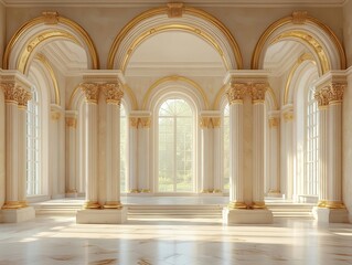 majestic column arch leading to a grand podium showcasing elegant architectural details with soft morning light filtering through highlighting the beauty of classic design