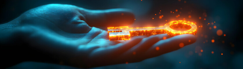 Macro Shot of a Glowing Hand Holding a Digital Key Symbolizing Access to Rights, Freedoms, and Opportunities for Human Rights Day