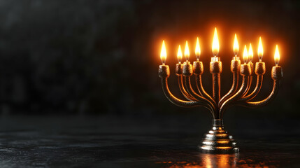 Fototapeta premium 3D Glossy Hanukkah Menorah with Glowing Candles on Dark Background | Elegant Symbol of Tradition with Ample Copy Space for Promotions