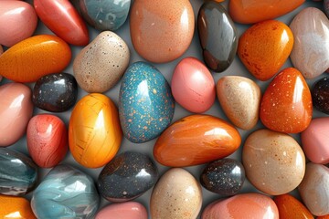 A vibrant assortment of polished stones in shades of orange, pink, blue, and grey, showcasing a natural and colorful collection of textures and hues.

