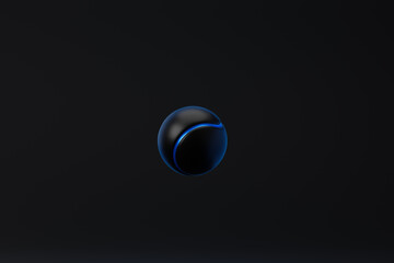 Black tennis ball with blue elements isolated over black background. 3D rendering.
