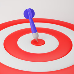 Purple dart hitting the center of target isolated over white background. 3d rendering.