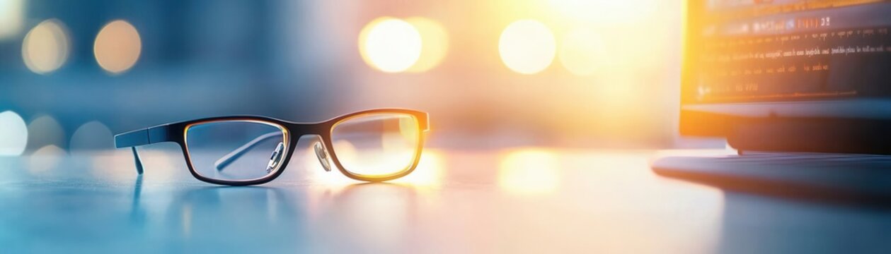 Close-up of a desk with a pair of bifocals placed next to a glowing monitor