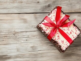 A box of homemade peppermint bark wrapped with a red ribbon, perfect for gifting, set on a rustic wooden table, [National Peppermint Bark Day], [holiday gifting], ,
